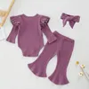 Bébé fille vêtements enfant en bas âge solide barboteuse Flare pantalon bandeau 3 pièces ensembles coton à manches longues filles tenues Boutique bébé vêtements LSK645-1