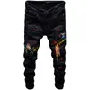 Erkek Jean Pantolon Wind Phoenix Embroidery Jeans Men's Black Slim Small Straight Tube Hole Green Hole Red Flastic Lalegs348o