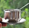 Coffee Cup Sets Double wall stainless steel cup set coffee cup mat spoon 3pcs one set stainless steel coffee cups