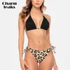 Kadın Mayo Kadınlar Bikini Set Leopar Baskı Mayo Halter Strappy Taraf Bandajlı Seksi Mayo Push Up Beachwear