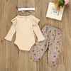 Pasgeboren baby meisje kleding set effen kleur lange mouw romper + bloemen print broek + boog hoofdband 3pcs baby kleding outfit1