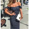 Urlaub Off Schulter Häkeln Patchwork Sommerkleid Schmetterling Hülse Polka Dot Elegante Frauen Midi Kleid Femme Sexy Mantel Robe GV2991