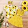 Kids Floral Clothing Sets Girls Sweet Rose Sunflower Print Romper Top + Suspender Skirt Headbands 3pcs/set Boutique Children Clothes M2273