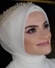 2020 Vackra muslimska brudslöjor med många pärlor och pärlor riktiga bilder bling bling muslim brides hijab axel längd turban
