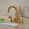 Soild Copper Gold Finish Badrum kran Luxury Golden Swan Shape Basin Tap Dual Handle Deck Mount4439365