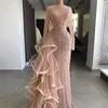 Arabic Dubai Champagne Lace Evening Dresses 2020 Long Sheer Scoop Party Gown Ruffles Tulle Prom Dress