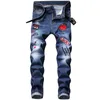 Мужские разорванные джинсы дизайнер Slim Fit Hip Hop джинсы растягивающие роза вышитые моды мужские черные синие джинсовые брюки
