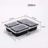 150pcs/Carton Disposable Plastic Lunch Box Fast Food packing boxes 1000ml black transparent Three grid Takeaway box with lid Microwave usage