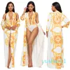 Groothandel-retro print diepe v-hals een stuk badpak + strand cover ups set 2019 nieuwe sexy vrouwen badmode badpak cover 2pcs / s