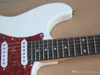 Fabriek groothandel witte lichaam elektrische gitaar met 3 pickups, rode pickguard, chroom hardwares, palissander fretboard, aanbod uitgesneden