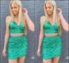 Groene Lovertjes Twee Stukken Cocktailjurken met Bandjes Rits Terug Korte Goedkope Homecoming Feestjurk Mini Prom Jassen C20