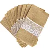 Burlap Bestick Hållare Vintage Shabby Chic Jute Lace Porslin Väska Packaging Fork Kniv Pocket Home Textiles