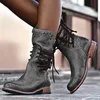 2020 nouvelle botte d'hiver femmes rétro chaussure en cuir botte Vintage Rivet bout rond à lacets mi-mollet bottes zapatos grande taille