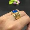 Fashion Retro Gold Dragon Totem Stainless Steel Rings For Men Blue Rhinestone Rings Of Size 7 8 9 10 11 12