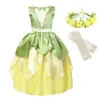 Summer Tiana Fancy Dress Girl Princess and The Frog Costume Children Floral Green Gown Kids Halloween Parth Fancy Cosplay Dress1