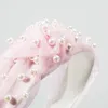 Candy Color Yarn Lace Bowknot Headband for Girl Vintage Bohemian Simulated Pearl Hair Band Lady Wedding Party Hair Accessories