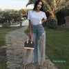 Mode-nouveau Sexy femmes pantalons à jambes larges maille transparente étoile impression épissure Denim pantalon taille haute décontracté ample jean fête pantalon