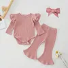 Baby Girl Clothes Toddler Solid Romper Flare Pants Headband 3pcs Sets Cotton Long Sleeve Girls Outfits Boutique Baby Clothing LSK645-1