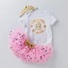 Ins-Baby Tutu Dot Kjol + Brev Skriv ut Romper + Crown Headband 3pcs / Set Girls Födelsedag Fotografi Klänning Kids Princess Party Clothe M2449