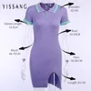 Yissang Button Knitted Cotton Sweater Summer Dress Women Stripe Short Sleeve Bodycon Dresses Female Casual Split Sexy 20211