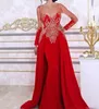 2020 Långärmade sjöjungfrun kvällsklänningar med avtagbar kjol spets beading sequin röd arabisk kaftan formell klänning