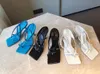 Origin Package Chic Sky Blue V Strap Sandalo elasticizzato Tacchi Suola stabile Scarpe in vera pelle con suola squadrata