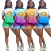 Womens Sexy 2 Piece Outfits Gradient Lip Print Short Sleeve T Shirt Bodycon Shorts Set Jumpsuit Rompers Size (S, M, L, XL, XXL)