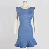 Lguch unikalna dżinsowa sukienka Summer Sundress Backless Mini dżinsy Dress Falbala Fashion Casual Women Ubrania Blue Nowe S XL T200319