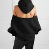 Women Warm Cold Shoulder Hooded Sweatshirt Sexy Plus Velvet Loose Hoodies Solid Color Long Top SL8872286