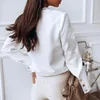 Spring Autumn O Neck Ruffle Blouse Shirts Elegant Office Lady Back Metal Buttons Blouses Casual Women Long Sleeve Blusa Tops 3XL