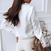 Wiosna Jesień O Neck Wzburzyć Bluzki Koszule Eleganckie Biuro Lady Powrót Metalowe Przyciski Bluzki Casual Kobiety Długi Rękaw Blusa Topy 3XL