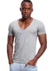 Deep V-образные шеи футболка для мужчин Низкий нарезанный VNeck широкий VEE TEE мужская футболка невидимая майка модель Scoop Hem Slim Fit с коротким рукавом MX200508