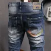 Outono buraco denim jeans masculino bordado marca de moda jeans estilo coreano vaqueros hombre magro lavado fino elástico fee247o