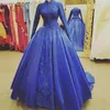 Royal Blue Muslim Evening Dresses Satin Långärmad Hög Neck Formell Party Prom Klänning Skräddarsy Made Robe de Soriee 2020 A Line Prom-kappor