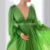 Formal deep V Neck Green Party Dress Long Sleeves Elegant Evening Gowns 2020 Robe De Soiree Chiffon Dubai Arabic Prom Dresses Vestido