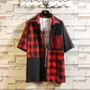 Harajuku Fashion Japanese Style Mens Short Sleeve Plaid Shirts Male Patchwork Summer Streetwear 100%Cotton Shirt Chemise Homme