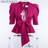 Blouse à manches bouffantes à volants Chemise Puffy Bow à lacets col en V élégant sexy Peplum Top femme 2020 Blouses de mode d'été femmes vêtements T200801