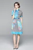 New Summer Runway Vintage Floral Print Collar Bow Short Sleeve Button Front Empire Waist Women Ladies Casual Party Beach A-Line Midi Dress