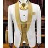 White Wedding Tuxedos for Groom with Gold Shawl Lapel 3 Piece Custom Slim fit Men Suits Set Jacket Vest Pant Man Fashion Clothes279P