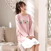 2020 Jesień Koreański Bawełna Długie Rękaw Nocny Dla Kobiet Cute Cartoon Sleepwear Femme Night Dress Home Dress Nightdress Nighty