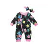 Kinderkleding Meisjes Bloemen Jumpsuits Baby's Button Lange Mouw Romper + Pasgeboren Hoofdbanden 2 stks / sets Boutique Toddlers Kleding Sets M2410