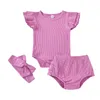 Neonate Vestiti Bambini Estate Manica a mosca Pagliaccetti Bloomers Fascia Set di abbigliamento Cotone Tute solide Mutandine Slip Fascia per capelli Tuta BC7593