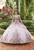 Prachtige roze zoete 16 quinceanera jurken prinses baljurk 2021 Sparkly lovertjes appliques lange mouwen v nek gezwollen tule tiered prom formele jurken Al6773