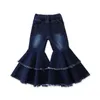 Bambini Ragazze Jeans Bambino Bambino Bambini Bambini Vestiti per ragazze Bell Bottom Hole Strappato Ruffles Flare Denim Jeans Pantaloni Pantaloni