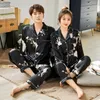 Plus Size 3XL Floral Print Couple Pajamas Sets Satin Silky 2PCS Shirt&Pants Lovers' Pyjamas Suit Casual Sleep Set Home Clothe305K
