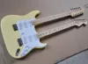 Factory wholesale yellow 12+6 strings double neck electric guitar with 3S pickups,Maple fretboard,White pickguard,Can be customized