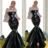 Modern Designer Evening Dresses Leather High-neck Sheer Long Sleeves Pageant Gown Black Sweep Train Mermaid Custom Made Prom Dress