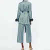 Cuivre des femmes 2020 Nouvelle Arrivée Blue Imprimé Kimono Veste avec des manches de plumes Pantalons à jambe larges en deux pièces Vêtements Vintage Costudes1