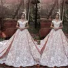 2024 Blush roze off -schouderbal jurk trouwjurken Lace Appliques kralen 3d bloemen lange kathedraal trein prinses formele bruidsjurken 403