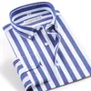 남성용 긴 소매 표준 피트 블루 / 화이트 스트라이프 드레스 셔츠 주름없는 캐주얼 버튼 아래로 코튼 쉬운 케어 셔츠